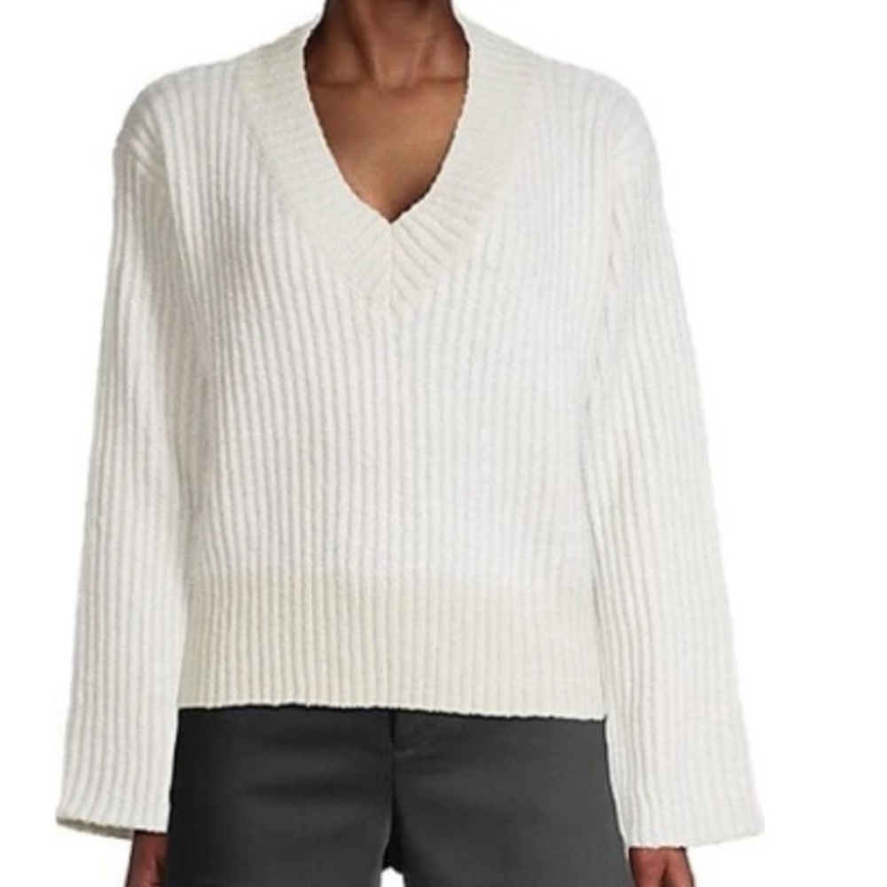 Apparis Anita Two Tone Ribbed Knit V Neck Sweater Cream Tan Large NEW